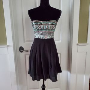 Strapless dress black mini sequined top | skater skirt | smocking open Back